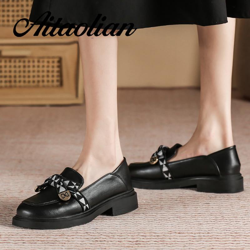 Giày Lười Da Đế Bằng 3cm Đính Nơ Phong Cách Anh Quốc Thời Trang