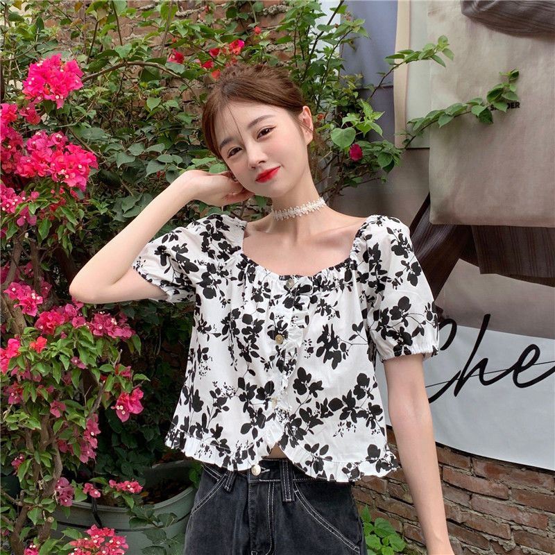 Áo Kiểu Tay Ngắn Phồng Cổ Vuông In Họa Tiết Hoa Thời Trang Mùa Hè Xinh Xắn Cho Nữ