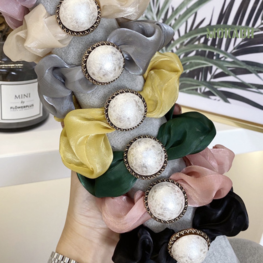 Dây Cột Tóc Co Giãn Bằng Vải Tuyn Đính Ngọc Trai Nhân Tạo Màu Trơn Thời Trang Dành Cho Nữ Giá Đỡ