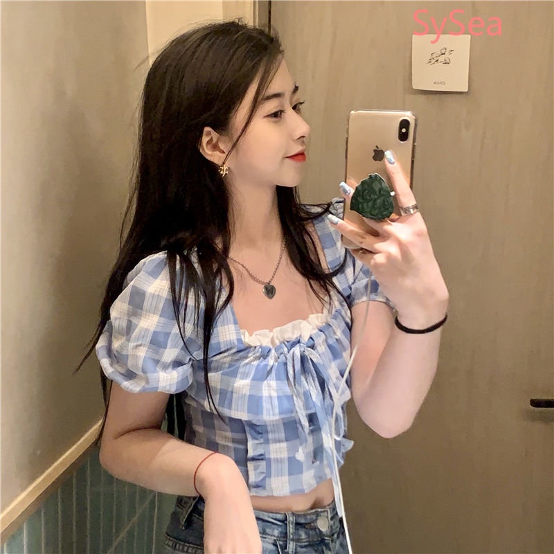 Áo Kiểu Tay Phồng Cổ Vuông Họa Tiết Sọc Caro Thời Trang Mùa Hè