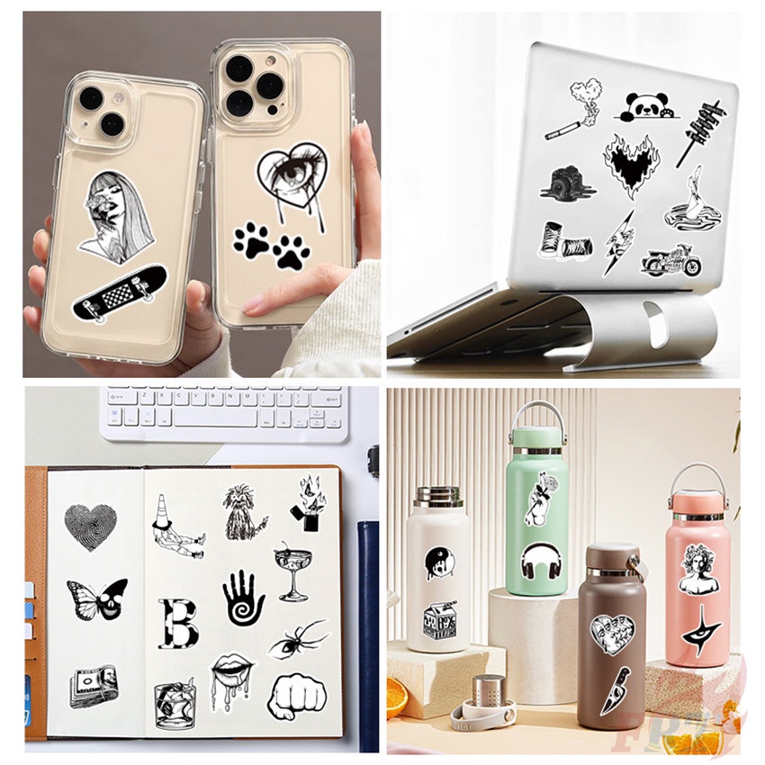 ❉ Set 03 Sticker Dán Trang Trí Hình Nghệ Thuật Màu Trắng Đen Phong Cách Cổ Điển ❉ Bộ 50 Sticker Chống Thấm Nước Họa Tiết Doodle Hợp Thời Trang