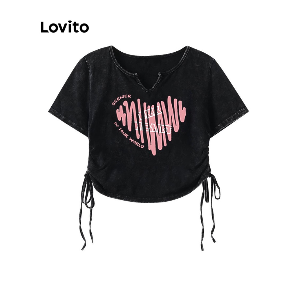 Áo thun Lovito giản dị họa tiết hình trái tim có dây rút cho nữ LNA11144 (màu đen)