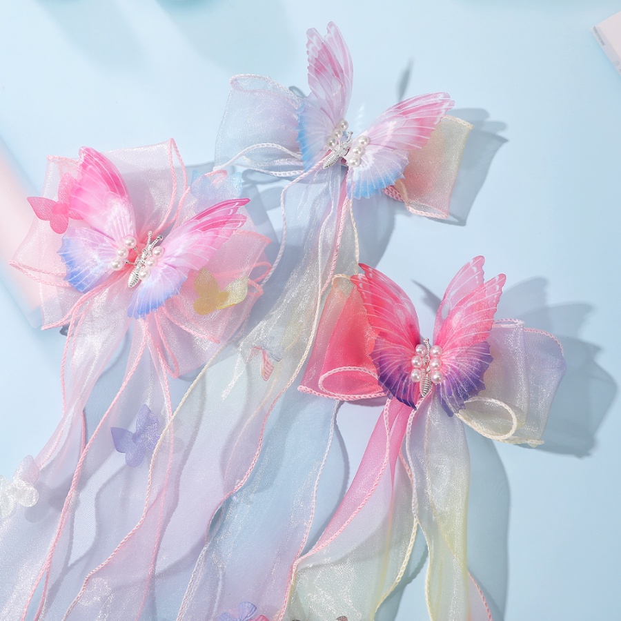 Kẹp Tóc Hình Bướm Phối Dây Ruy Băng Lưới Kiểu Hàn Quốc Dễ Thương Cho Bé Gái