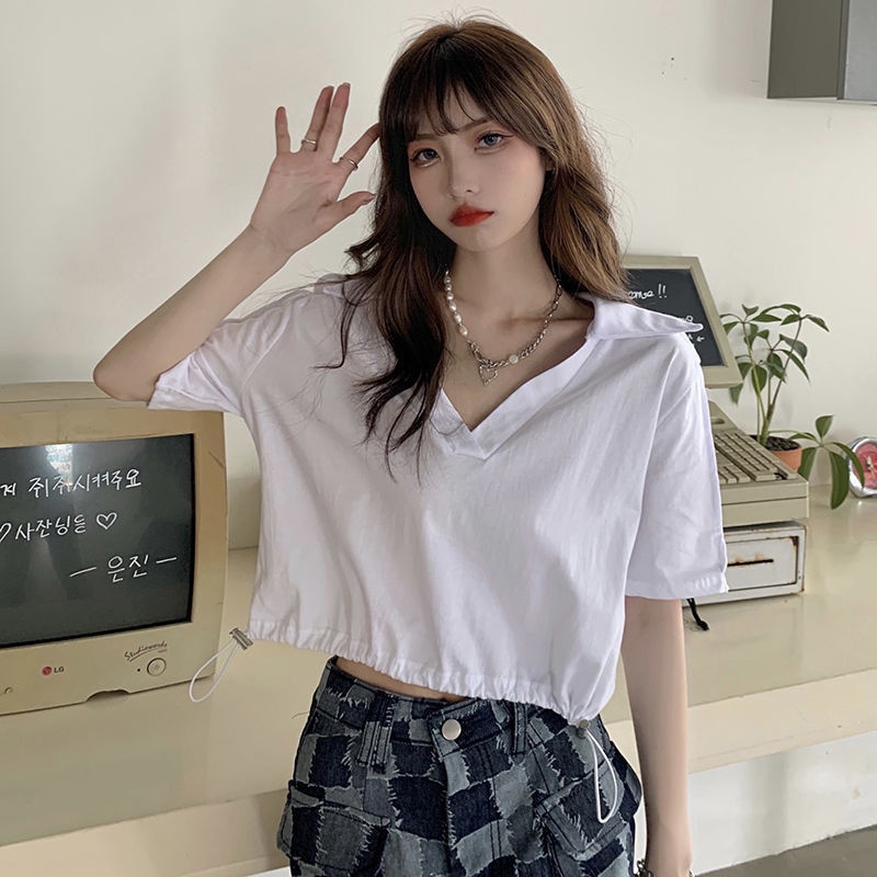 IELGY    Áo Thun crop top Tay Ngắn Cổ polo Eo Cao Thời Trang Dành Cho Nữ