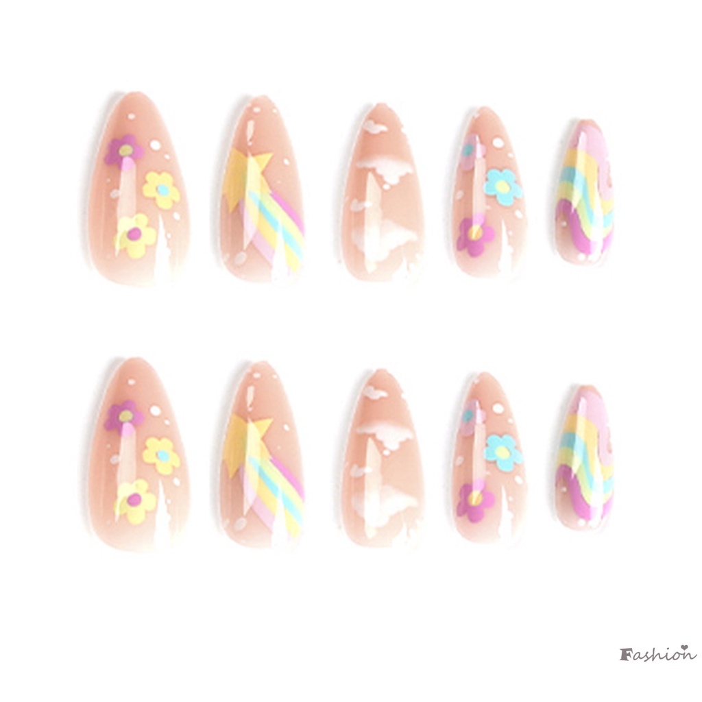 Bộ Móng Tay Giả Đầu Tròn In Hoa Xinh Xắn