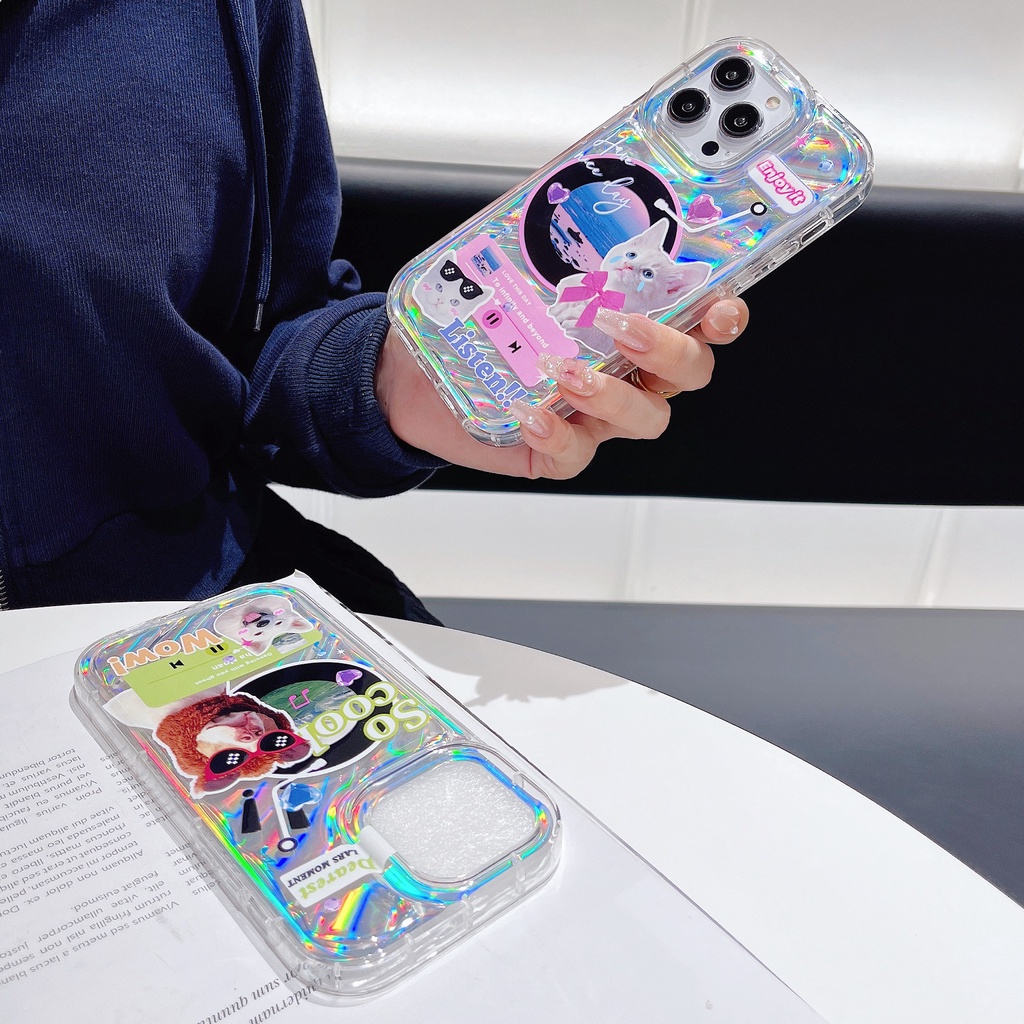 Ốp Điện Thoại TPU Dẻo Màu Laser Họa Tiết Chó Mèo Dễ Thương Chống Rơi Cho iPhone 12 13 14 Pro Max