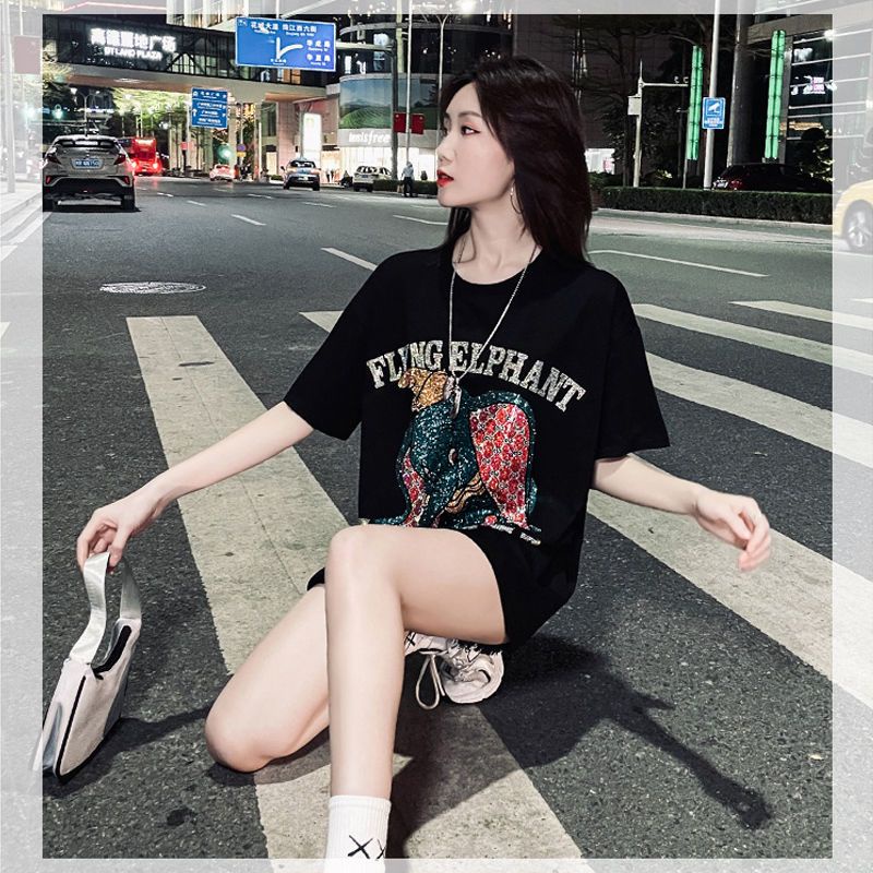 Áo Thun Tay Ngắn Dáng Rộng In Chữ Hoạt Hình Đính Đá Thời Trang Mùa Hè Cho Nữ Từ 2-150kg