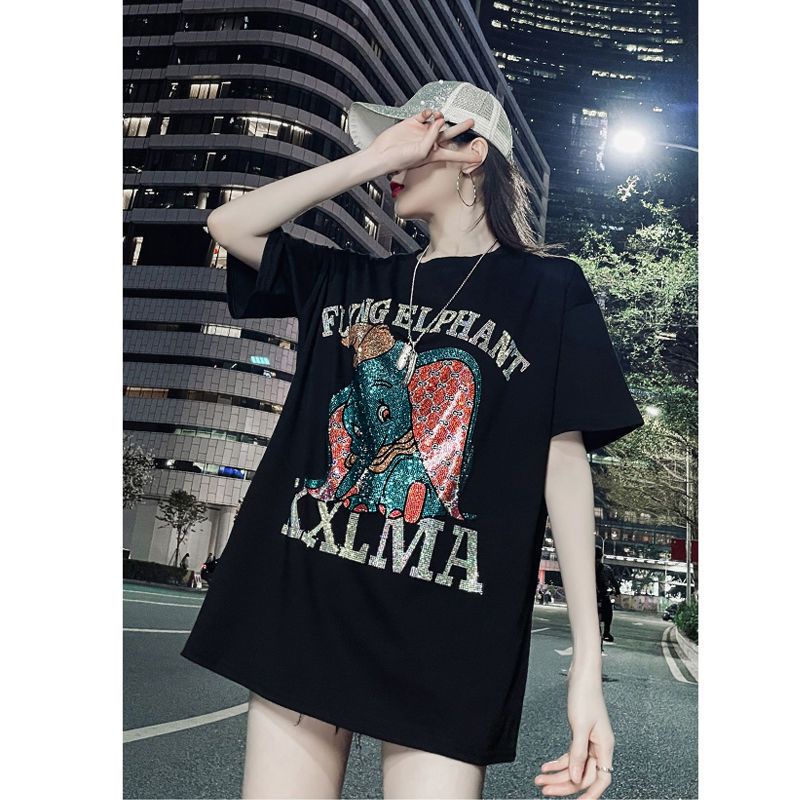 Áo Thun Tay Ngắn Dáng Rộng In Chữ Hoạt Hình Đính Đá Thời Trang Mùa Hè Cho Nữ Từ 2-150kg