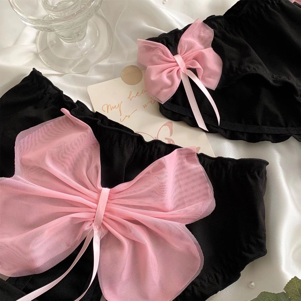 Quần Lót Cotton Màu Đen Lưng Thấp Đính Nơ Hồng Ngọt Ngào Phong Cách Nhật Bản