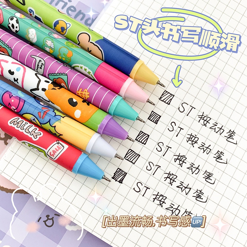 Set 6 Bút Mực Gel Ngòi 0.5mm In Họa Tiết Hoạt Hình Dễ Thương