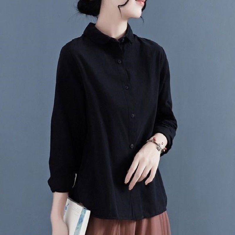 Áo Sơ Mi Vải Lanh Cotton Tay Dài Dáng Rộng Màu Trơn Thời Trang Mùa Hè Cho Nữ