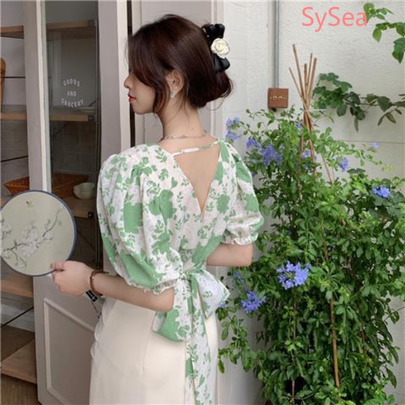 Áo Kiểu Cổ Chữ V Hở Lưng Thắt Nơ Họa Tiết Hoa Nhí Xinh Xắn Thời Trang Hè Cho Nữ