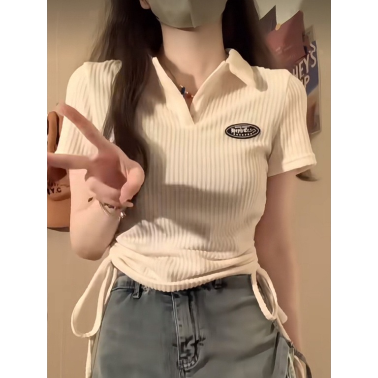 Áo Thun baby tee croptop nữ Ngắn Tay Cổ Chữ v Phối Dây Rút Phong Cách Mỹ Thời Trang Mùa Hè Mới 2023 Cho Nữ