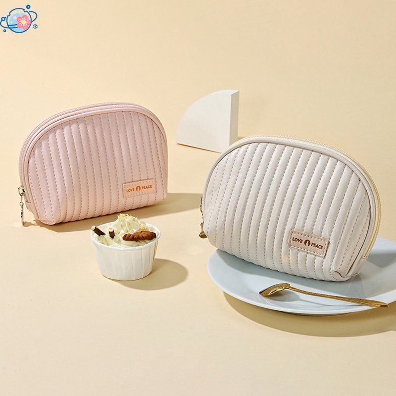 1 Túi Đựng Mỹ Phẩm Da PU Màu Kem Kích Thước Lớn Có Khóa Kéo Phong Cách Hàn Quốc Cho Nữ