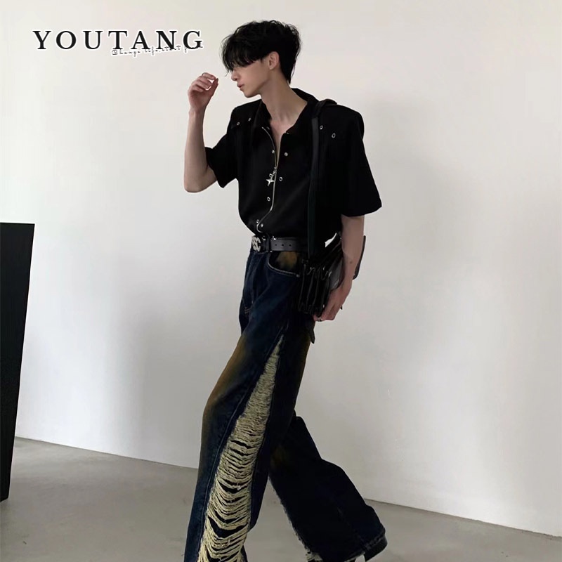 Youtang Áo Sơ Mi Ngắn Tay Dáng Rộng Thiết Kế Xây Dựng Có Đệm Vai Và Khóa Kéo Kim Loại Chất Lượng Cao Cho Nam