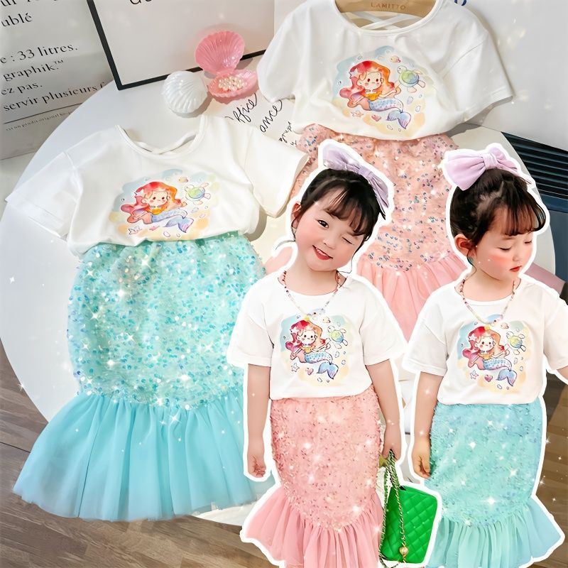 Set Áo Thun Ngắn Tay + Chân Váy Đuôi Cá Đính Kim Sa Thời Trang Mùa Hè Cho Bé Gái 2-7 Tuổi