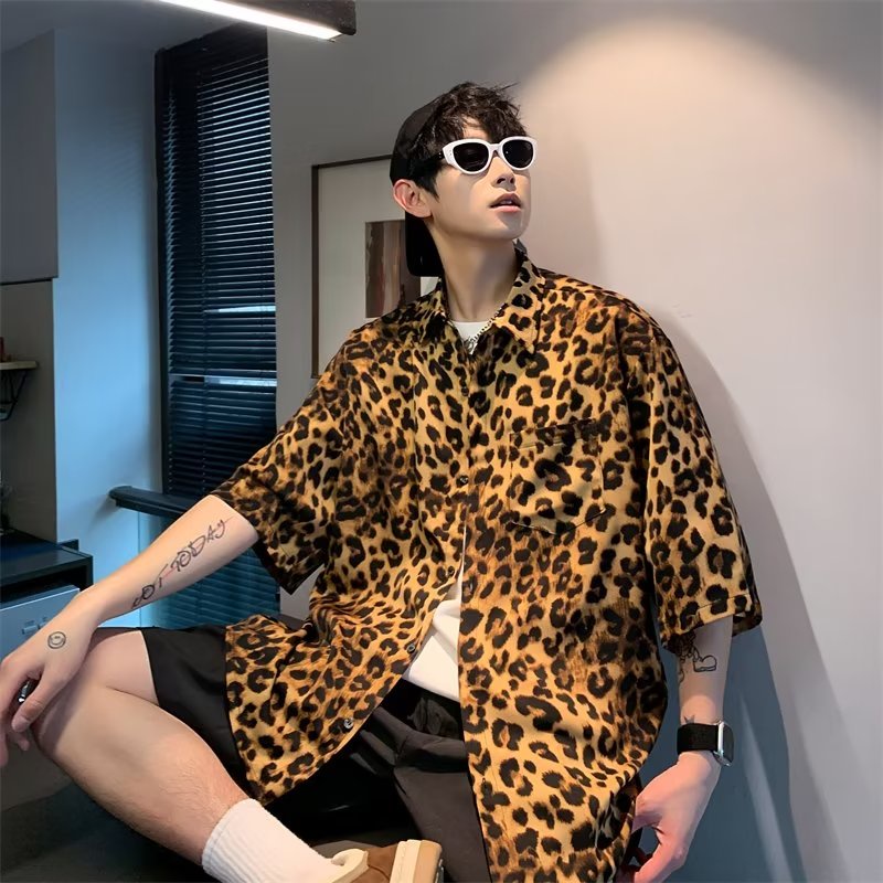Áo Sơ Mi Nửa Tay Nam Họa Tiết Màu M-3XL Xù Đẹp Trai Hộp Đêm Phong Cách Da Báo In Nửa Tay Áo Sơ Mi Nam Mùa Hè Hợp Thời Trang Rời Áo Sơ Mi Thường Ngày Ra