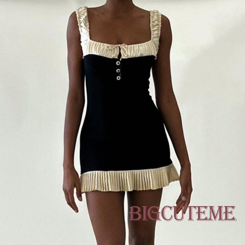 Đầm Ngắn Hai Dây Cổ Vuông Hở Lưng Màu Sắc Tương Phản Thời Trang Mùa Hè Dành Cho Nữ