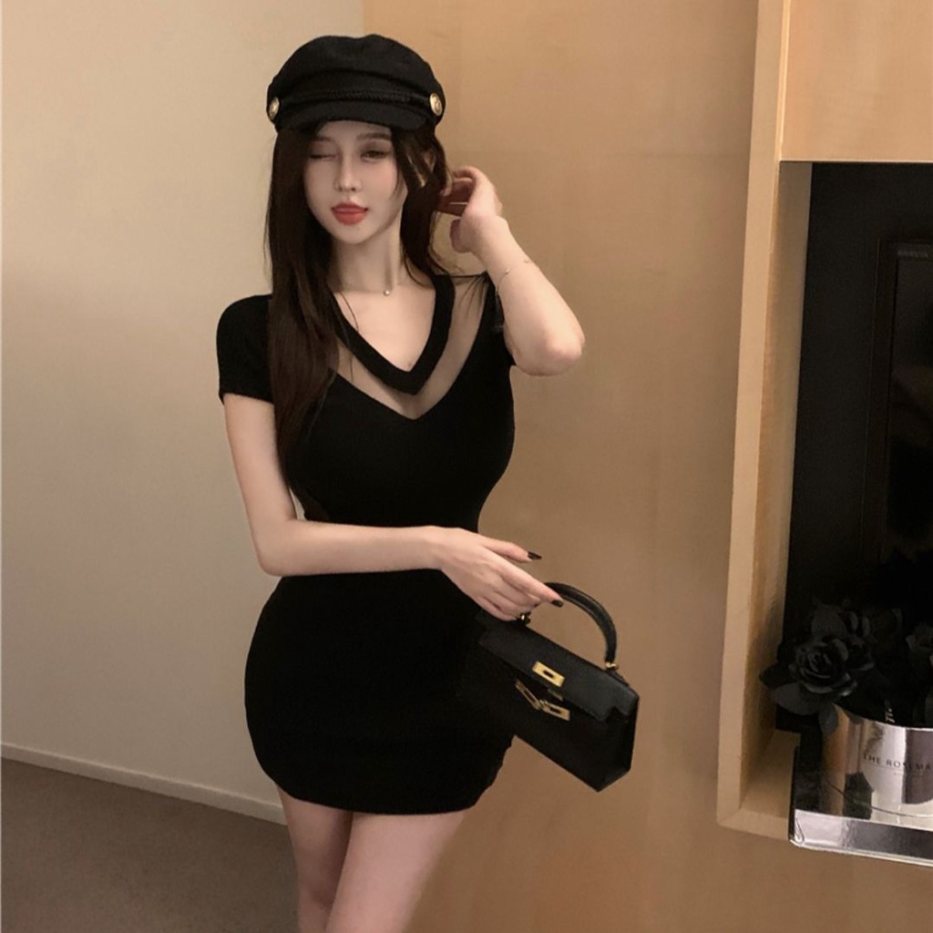 Đầm Đen Tay Lửng Cổ Chữ v Eo Cao Thời Trang Mùa Hè Cho Nữ