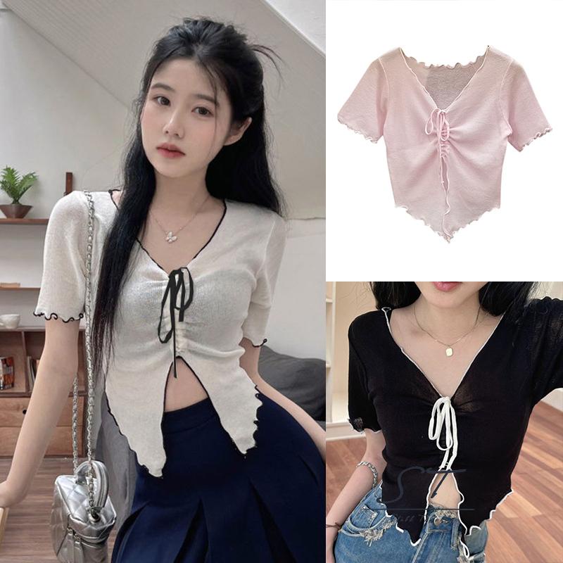 Áo Thun Tay Ngắn Cổ Chữ V Phối Dây Rút Thời Trang CY03 Cho Nữ