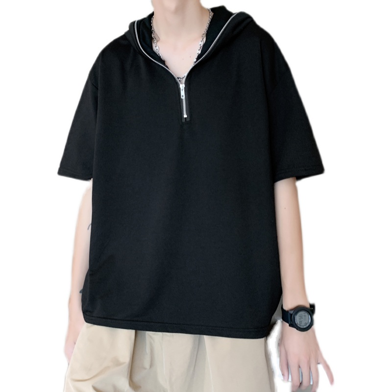 Áo Thun Lụa Lạnh Tay Ngắn Dáng Rộng Phối Khóa Kéo Thời Trang Mùa Hè Cho Nam Giới