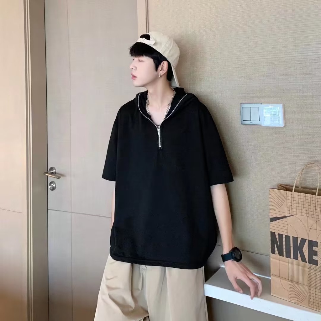 Áo Thun Lụa Lạnh Tay Ngắn Dáng Rộng Phối Khóa Kéo Thời Trang Mùa Hè Cho Nam Giới