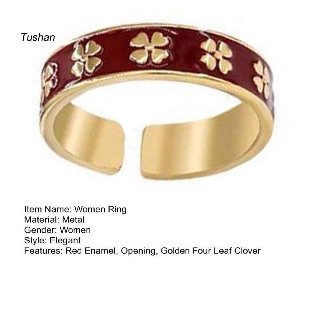 [Ts] Nhẫn Hở Hình Cỏ Bốn Lá Bằng Kim Loại Tráng Men Màu Đỏ Thanh Lịch Có Thể Điều Chỉnh Kích Thước Thời