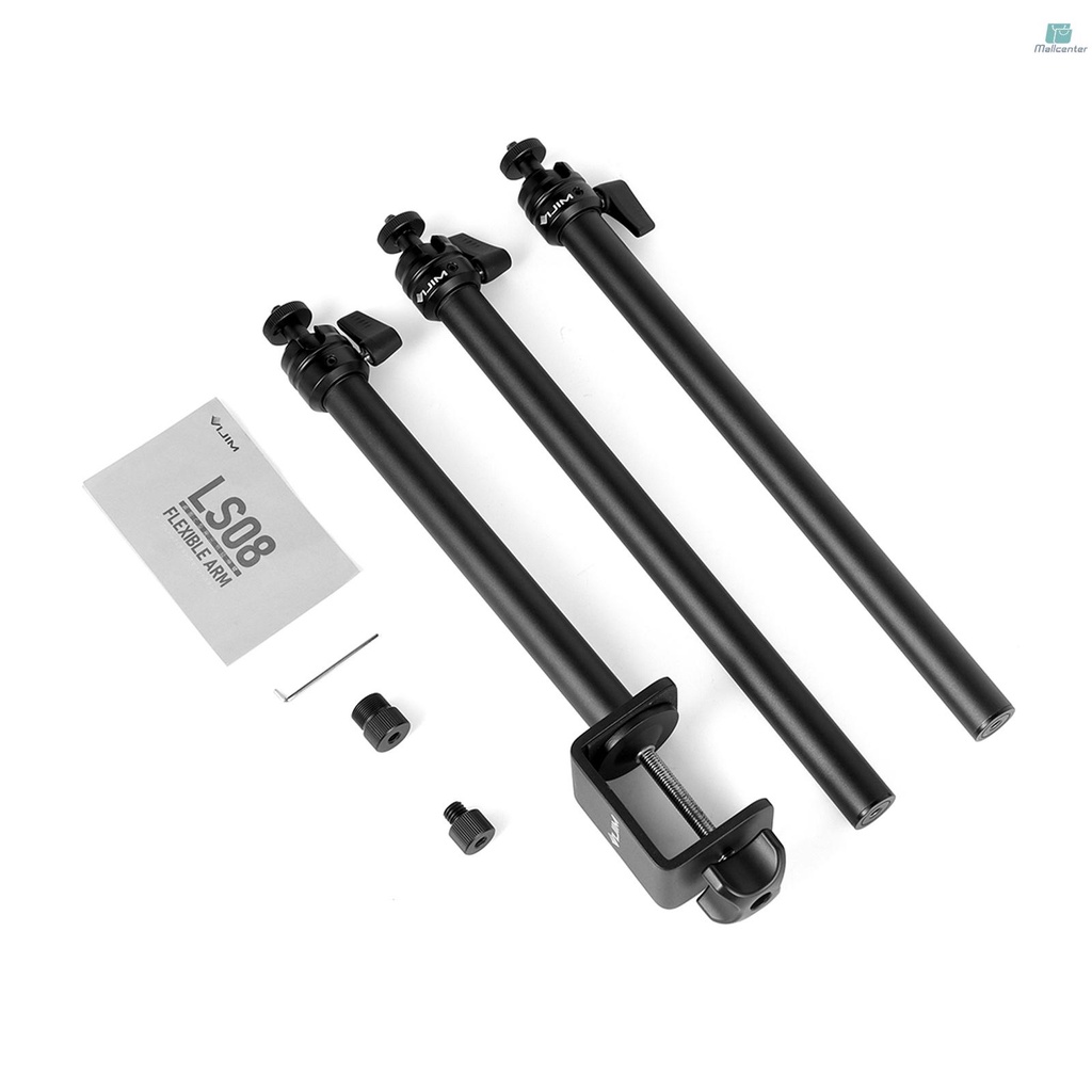 VIJIM LS08 Professional Desktop Live Streaming Stand 3-Section Flexible Extendable Arms Aluminum Alloy 1/4 Inch Screw 360° Rotatable Ballhead 1KG Load Capacity with C-Clamp 3/8 Inch &amp; 5/8 Inch Screw A