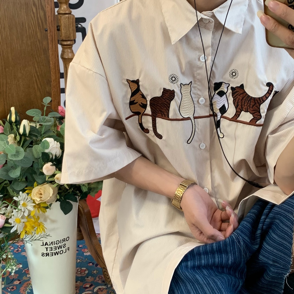 Áo Sơ Mi Ngắn Tay Thêu Họa Tiết Mèo Phong Cách Retro Hong Kong Cho Cặp Đôi