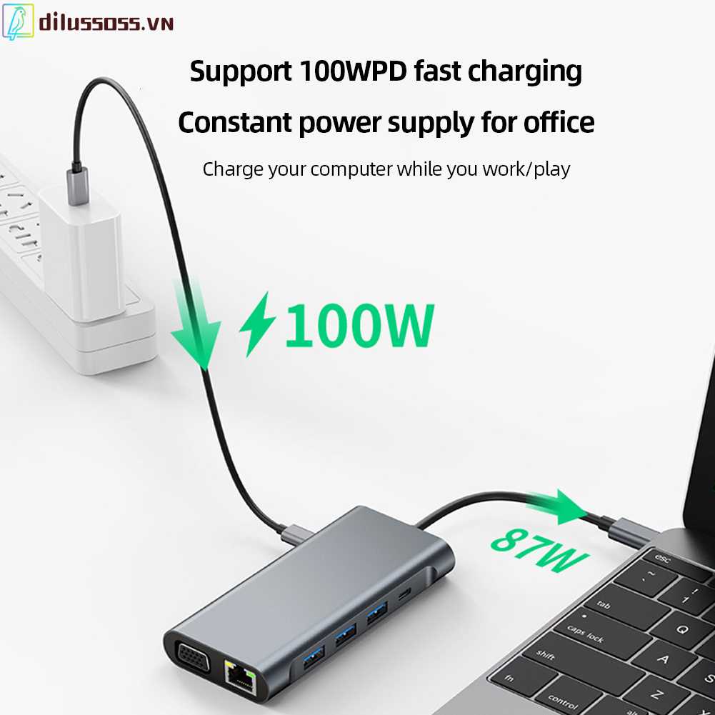 Trạm Kết Nối USB C Hub 11 Trong 1 100W PD 5Gbps Type C 4K 30hz HDMI