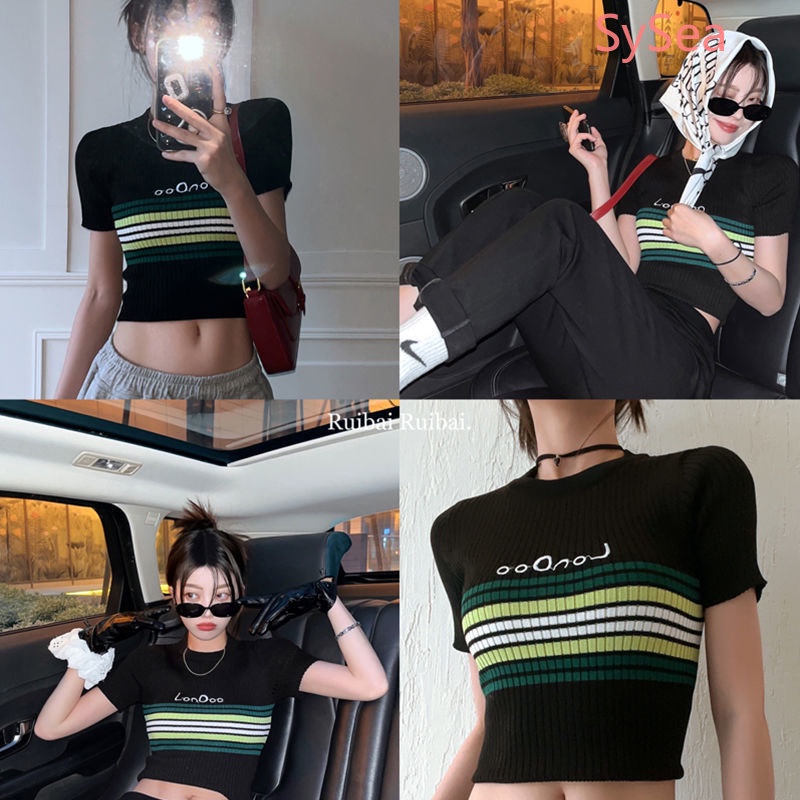 Áo Dệt Kim Dáng Ôm Họa Tiết Kẻ Sọc Phong Cách Retro Mỹ Thời Trang Cho Nữ