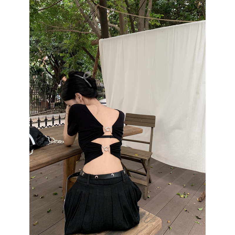 Áo Thun Tay Ngắn Hở Lưng Màu Trơn Thiết Kế Mới Thời Trang Mùa Hè Dành Cho Nữ