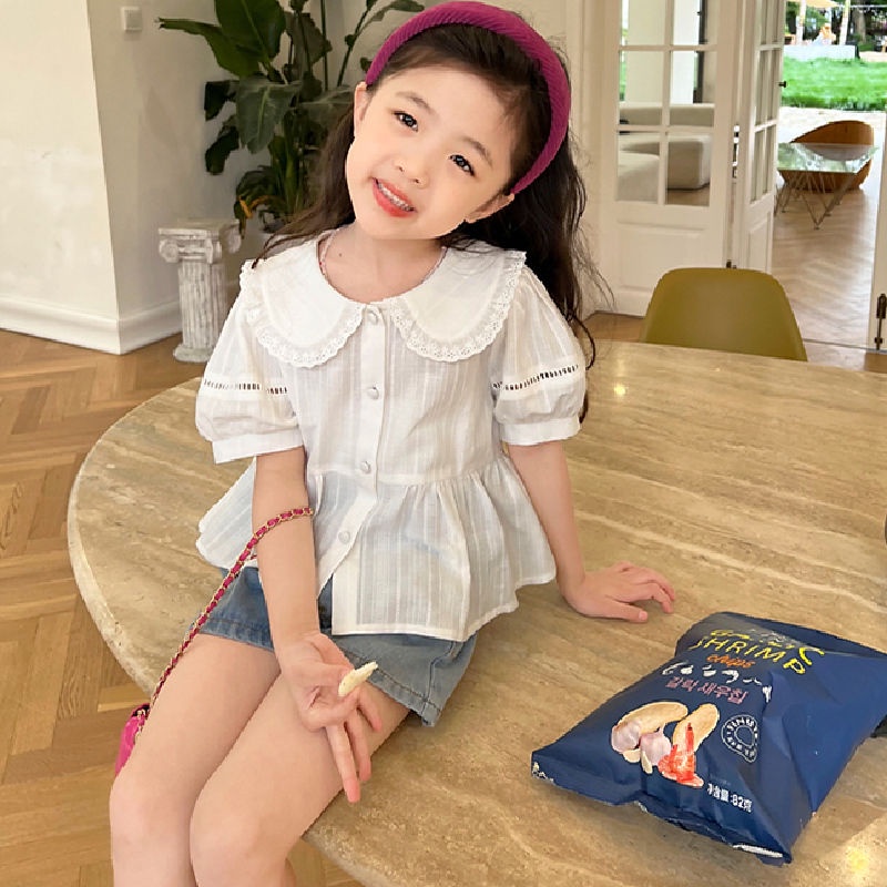 Áo Sơ Mi Cotton Nguyên Chất Tay Ngắn Phong Cách Hàn Quốc Thời Trang Mùa Hè 2023 Mới Cho Bé Gái