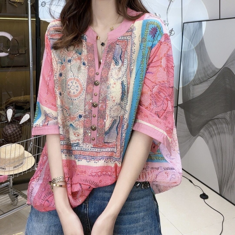 Áo Sơ Mi Tay Lửng Dáng Rộng Cổ Chữ V Vải Mỏng In Hoa Đính Đá Phong Cách Retro Giản