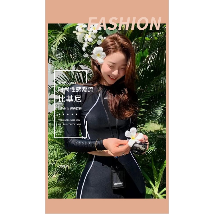 Mẫu mới 2023 - Đồ bơi bikini 3 mảnh tay dài croptop đen trơn, quần dài dành cho nữ mã AA7426