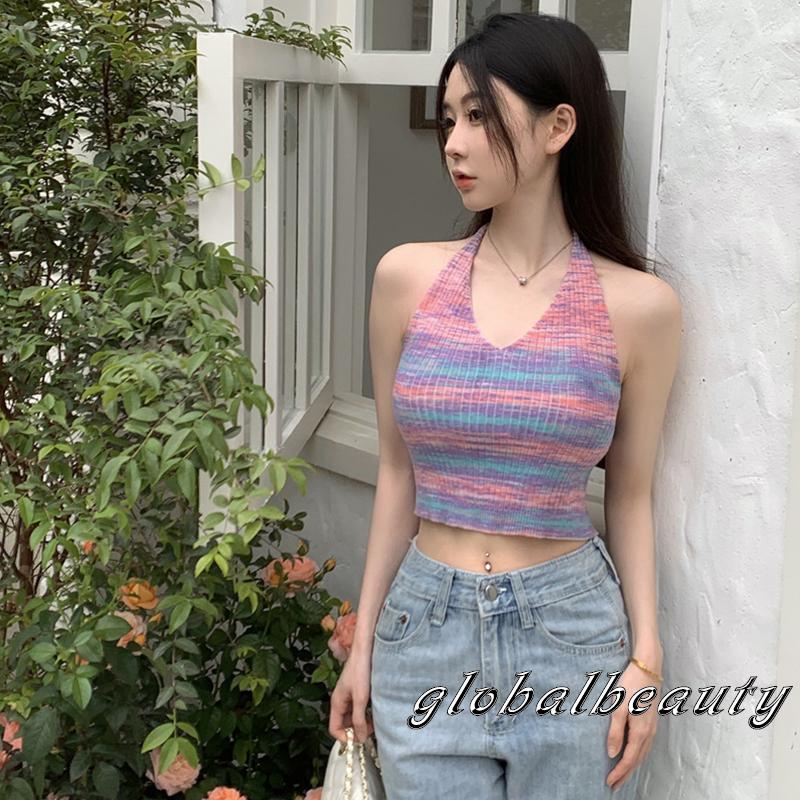 Áo Croptop Dệt Kim Không Tay Cột Dây Sau Lưng In Họa Tiết Kẻ Sọc Cho Nữ