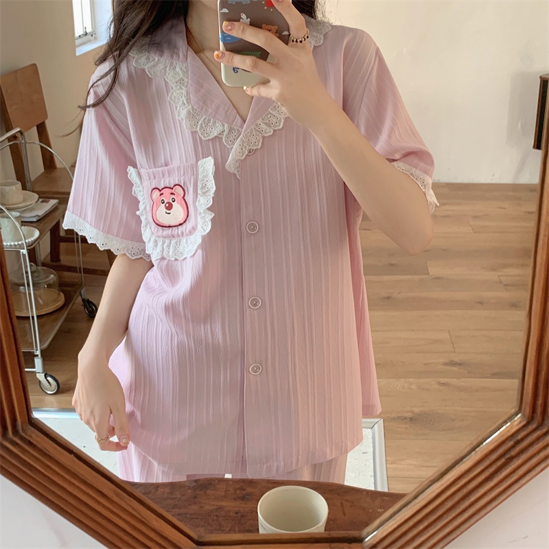 Bộ Đồ Ngủ Chất Liệu Cotton Phối Ren Thêu Họa Tiết Hoạt Hình Phong Cách Hàn Quốc Thời Trang Mùa Hè Cho Nữ