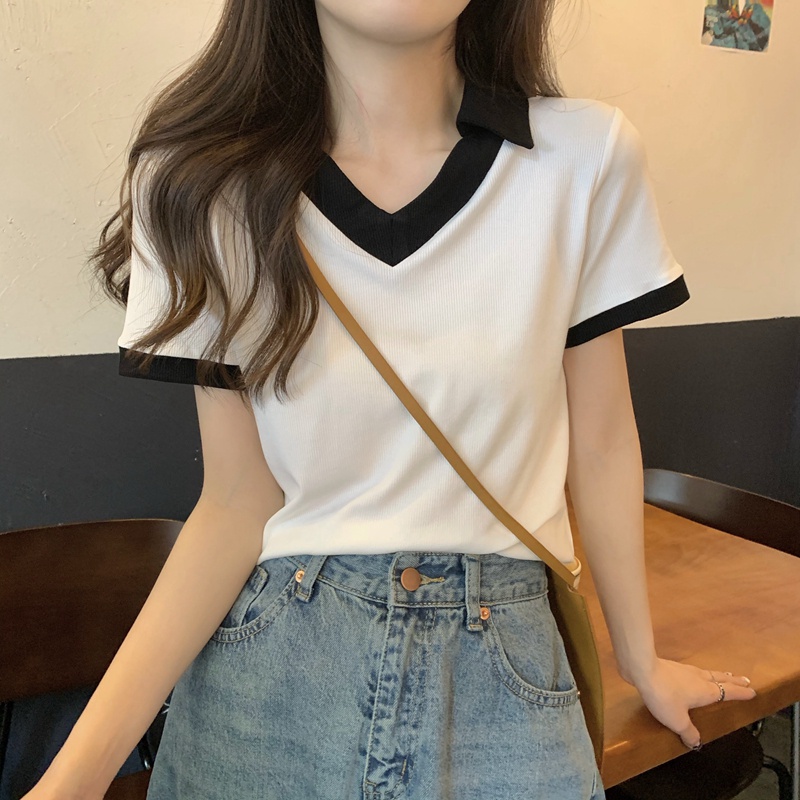 Áo polo SUXI tay ngắn cổ chữ V dáng ôm thời trang mùa hè dễ phối đồ cho nữ