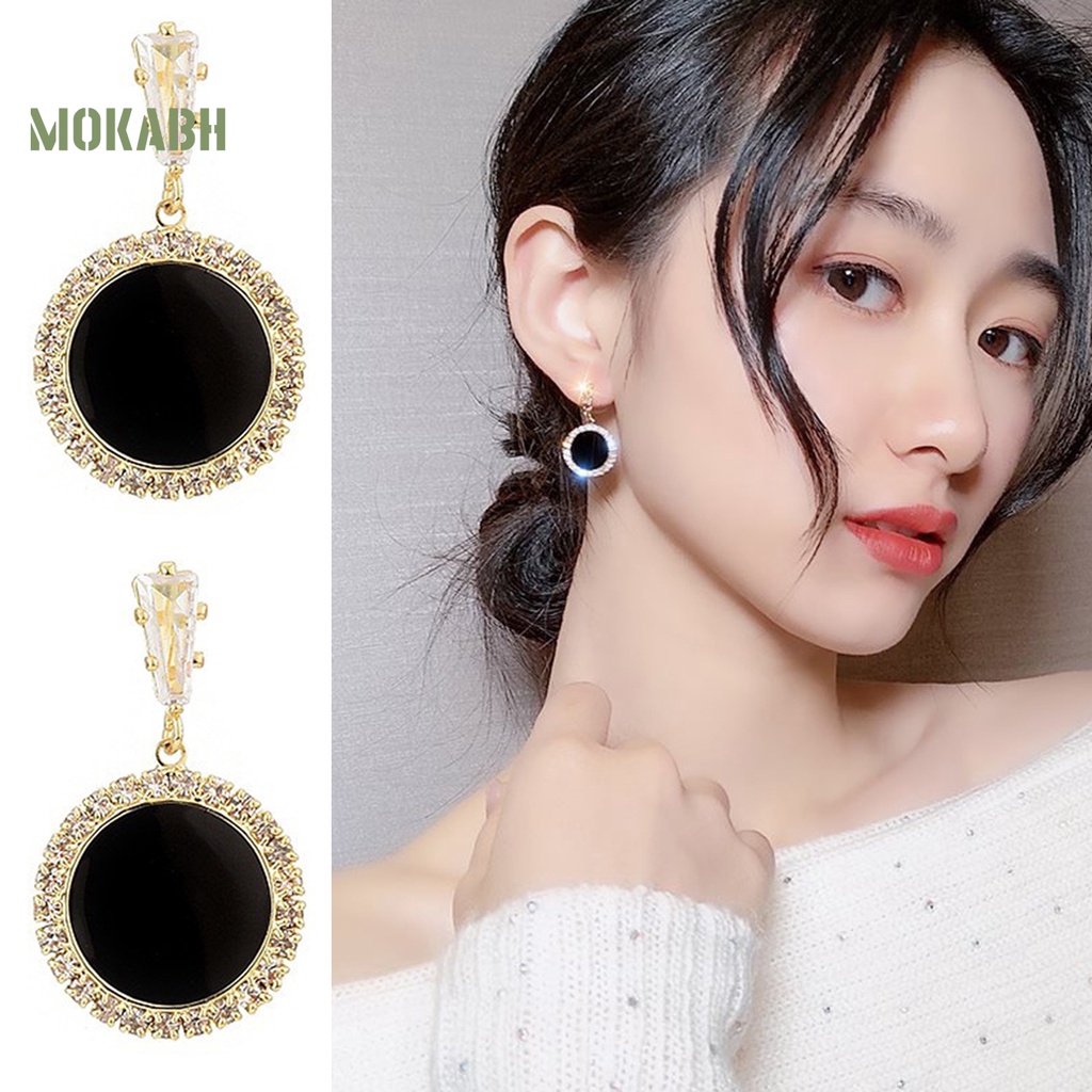 1 Đôi Bông Tai Hình Tròn Màu Đen Dát Đá Sang Trọng