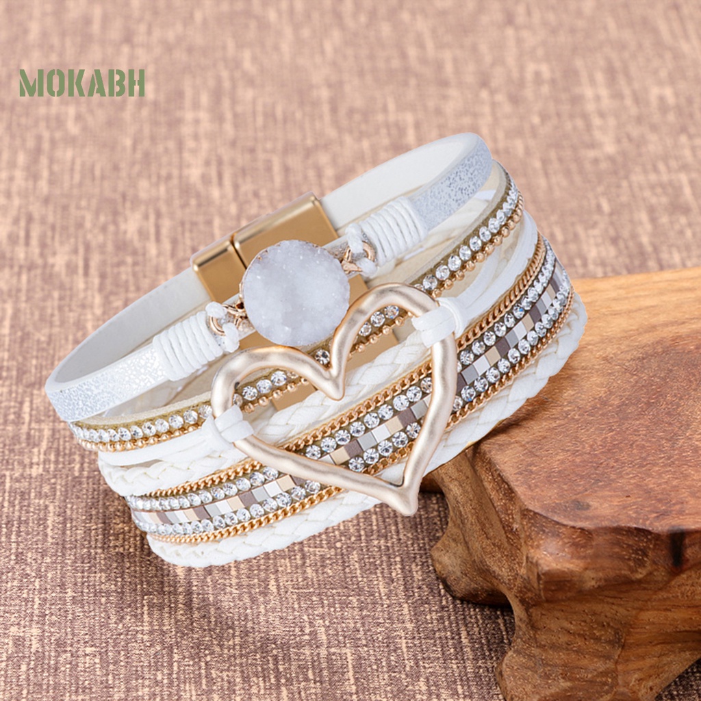 Vòng Tay Giả Da Nhiều Lớp Đính Đá Hình Trái Tim Phong Cách Bohemian Dành Cho Nữ
