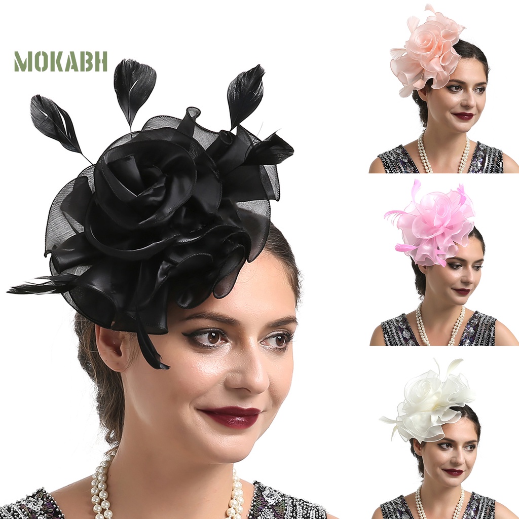 Mũ Lưới Cài Tóc Mini Đính Lông Vũ Màu Trơn Hình Bông Hoa