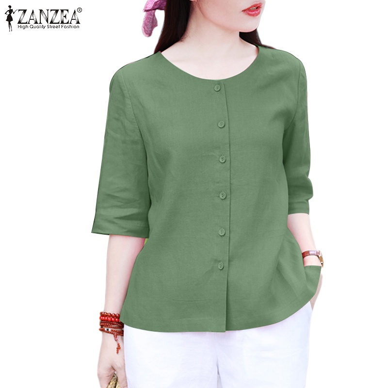 ZANZEA Áo Thun Nữ Tay Lửng Cổ Tròn Thời Trang Hàn Quốc