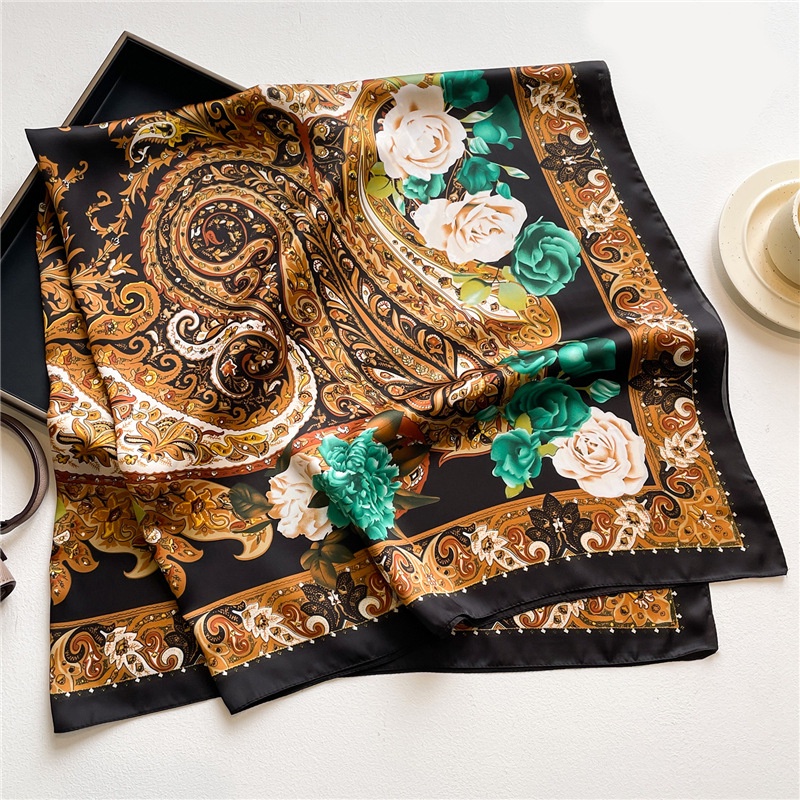 Khăn Choàng Cổ Hình Vuông Cỡ Lớn 110cm Vải Satin Họa Tiết Chấm Bi Màu Đen Thời Trang Mùa Hè Thanh Lịch