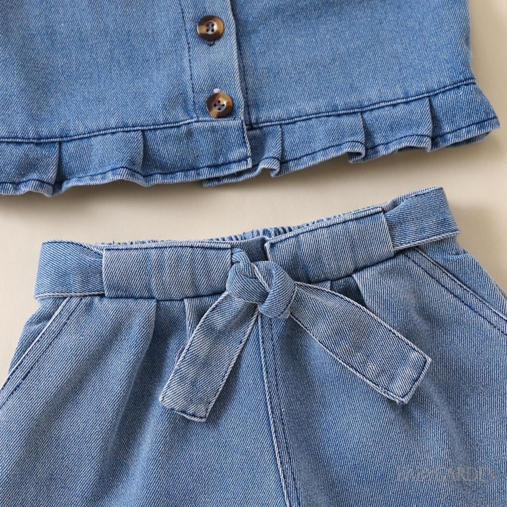 Set Áo Yếm Denim + Quần Short Buộc Dây Thời Trang Cho Bé Gái 2-7 Tuổi