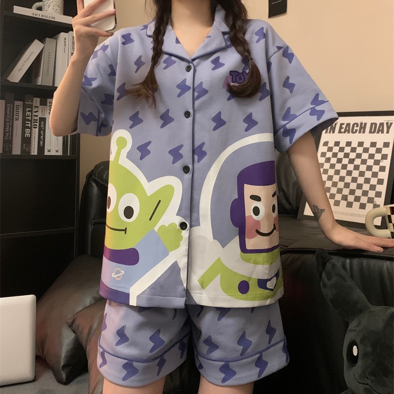 Bộ Đồ Ngủ Ngắn Tay Họa Tiết Hoạt Hình Người Ngoài Hành Tinh Thời Trang Mùa Hè Cho Nữ