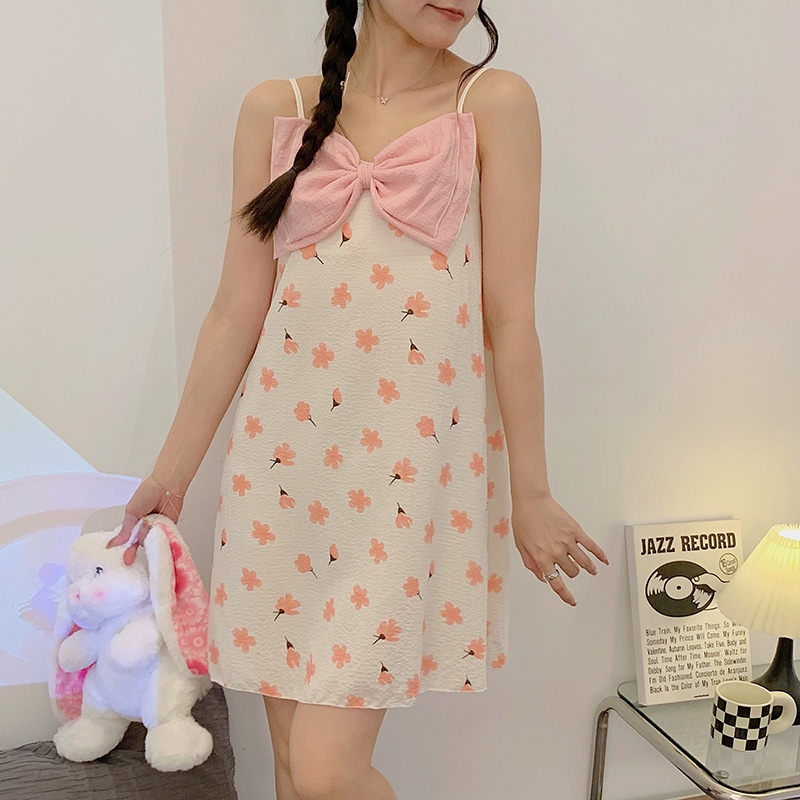 Đầm Ngủ Hai Dây Có Đệm Ngực Tháo Rời Được Bằng Vải Cotton Dệt Phong Cách Công Chúa Ngọt Ngào Dành Cho