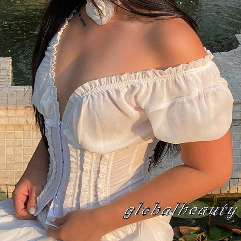 Áo Croptop Trễ Vai Tay Ngắn Màu Sắc Đơn Giản Cho Nữ