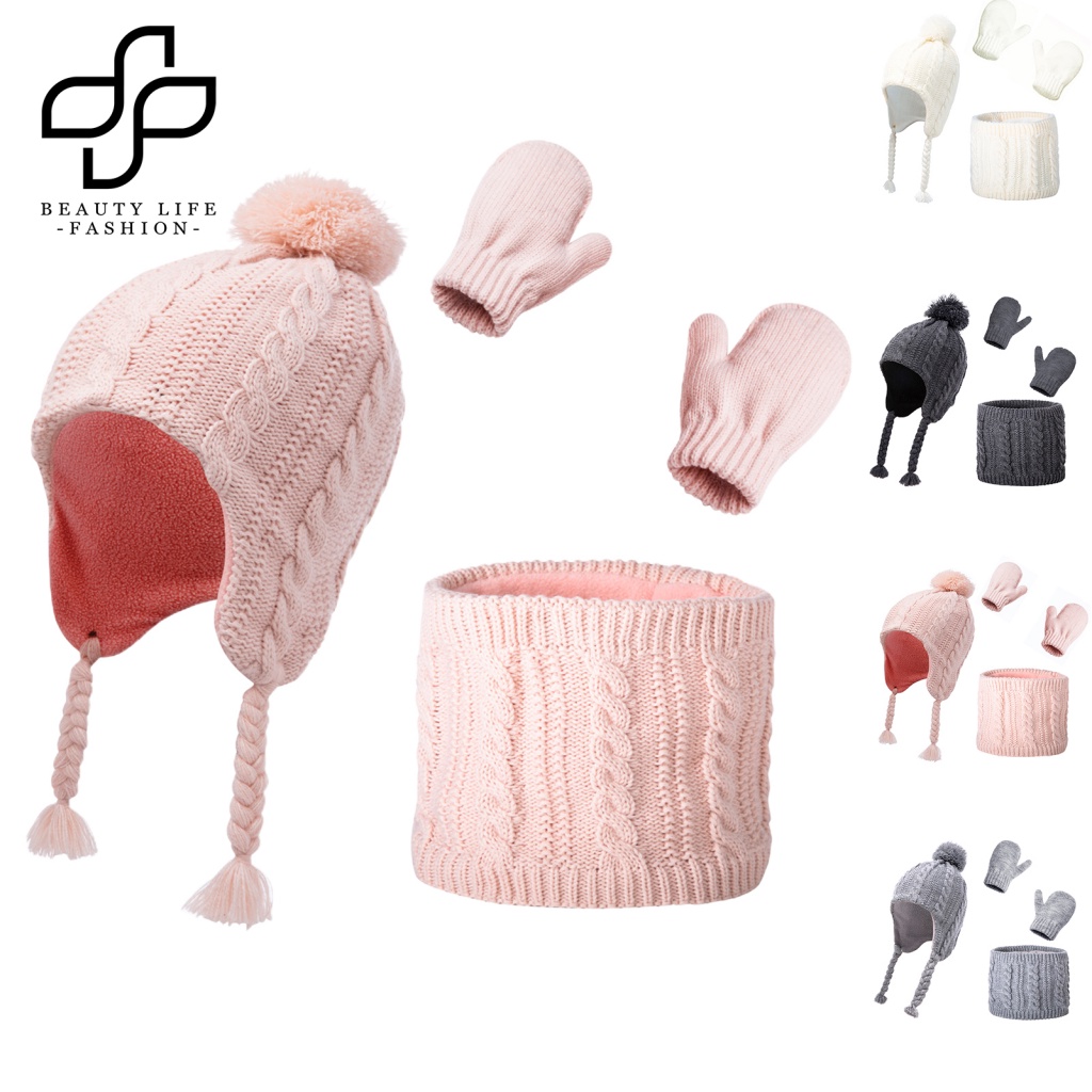 1 Bộ Nón Và Găng Tay Len Dệt Kim Đính Bóng Lông Cho Bé 2-5 Tuổi