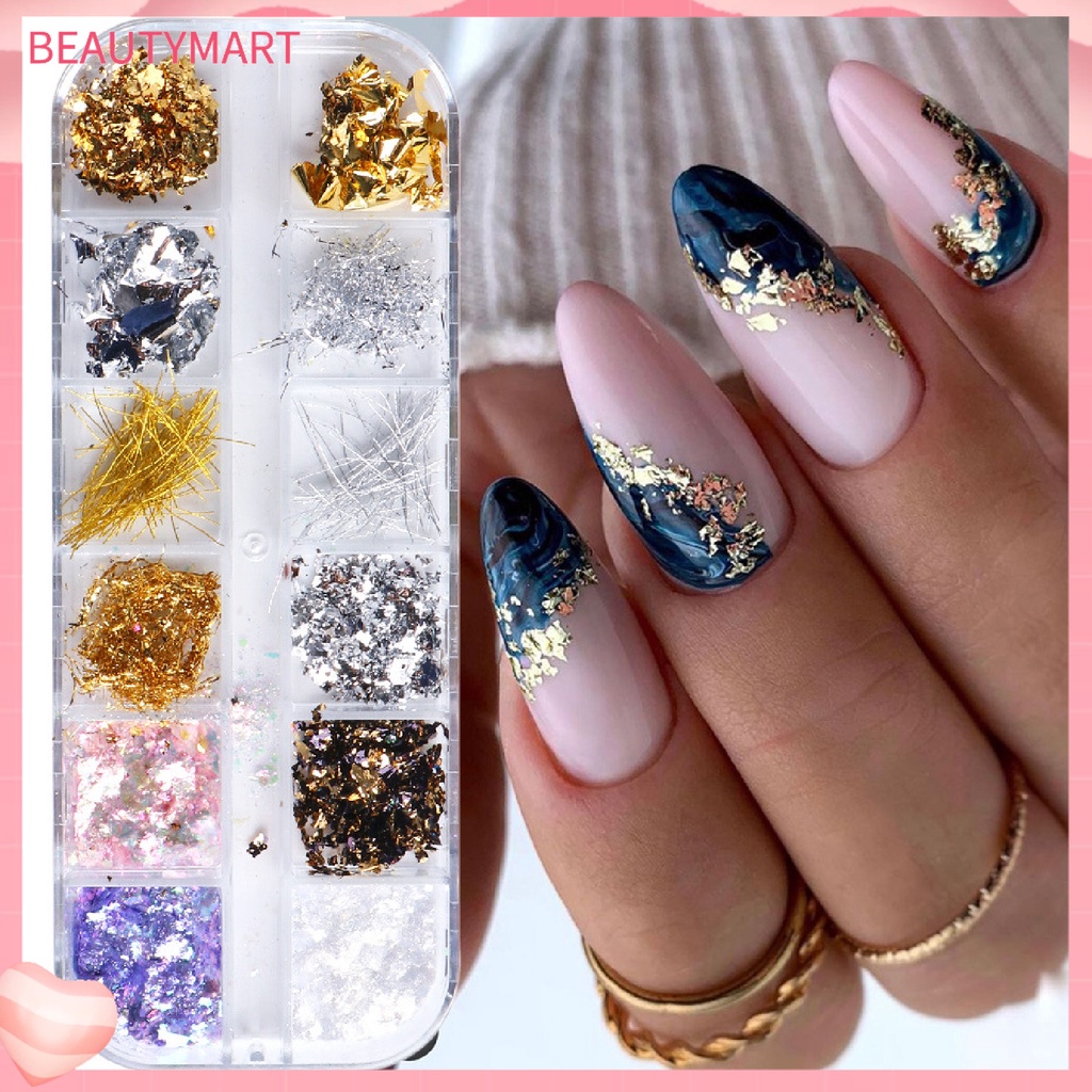 1 Hộp Lá Vàng Lấp Lánh 12 Ngăn Dùng Trang Trí Móng Tay Dễ Dàng
