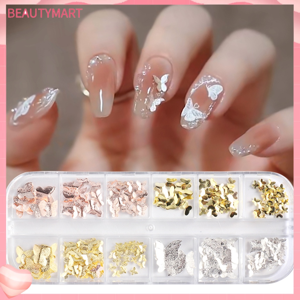 1 Hộp Phụ Kiện Trang Trí Móng Tay Hình Bướm 3D Bằng Kim Loại Chống Phai